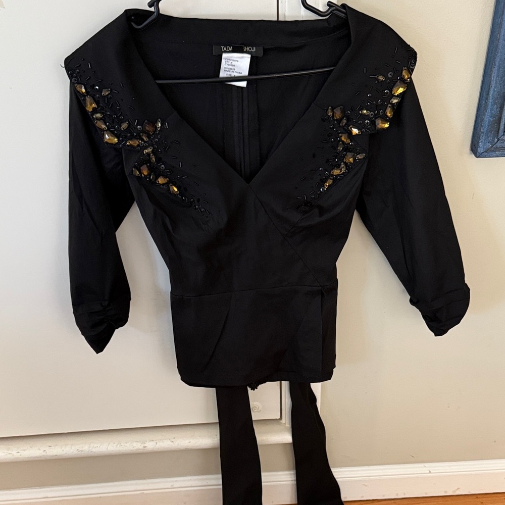 Tadashi Shoji Black Embellished V-Neck Top